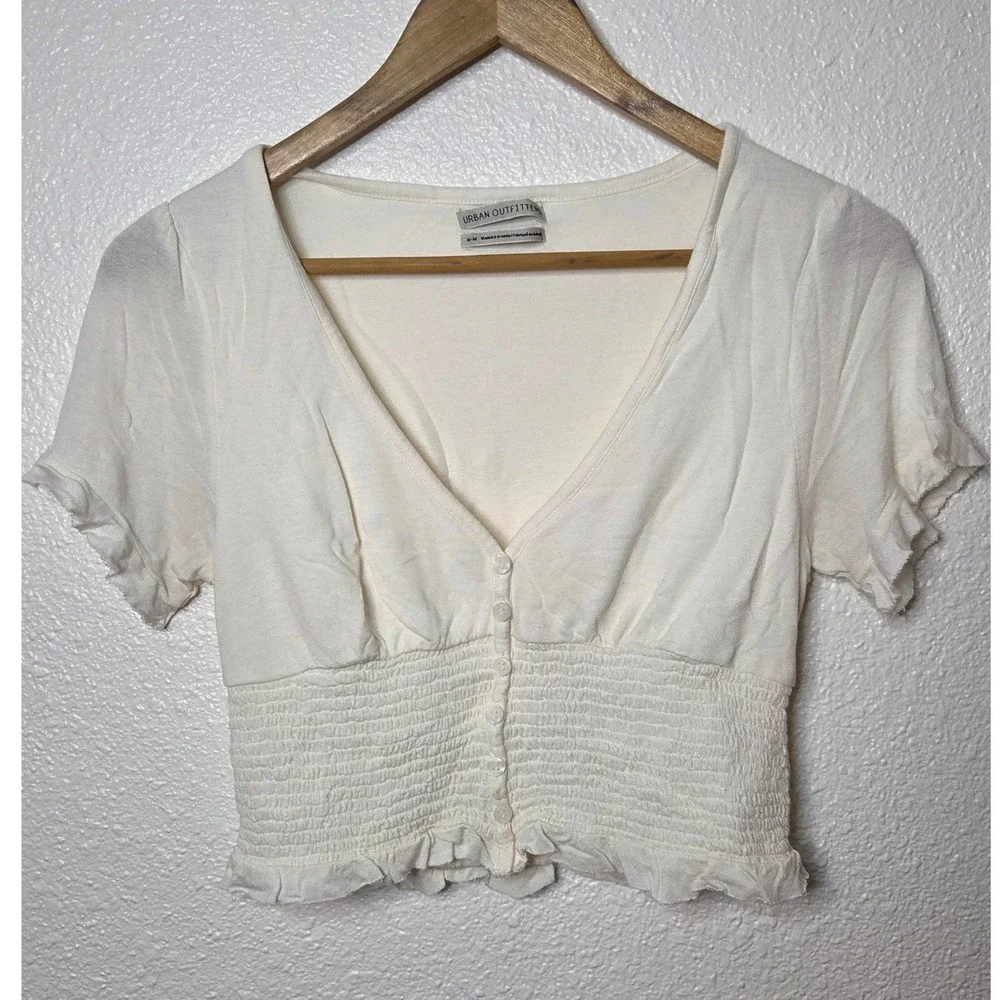 Urban Outfitters Cream Smocked Button Front Crop Top Size Medium Coquette Summer